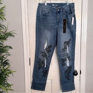 DG2 by Diane Gilman Chic Straight Leg Jeans with Black Floral Detail